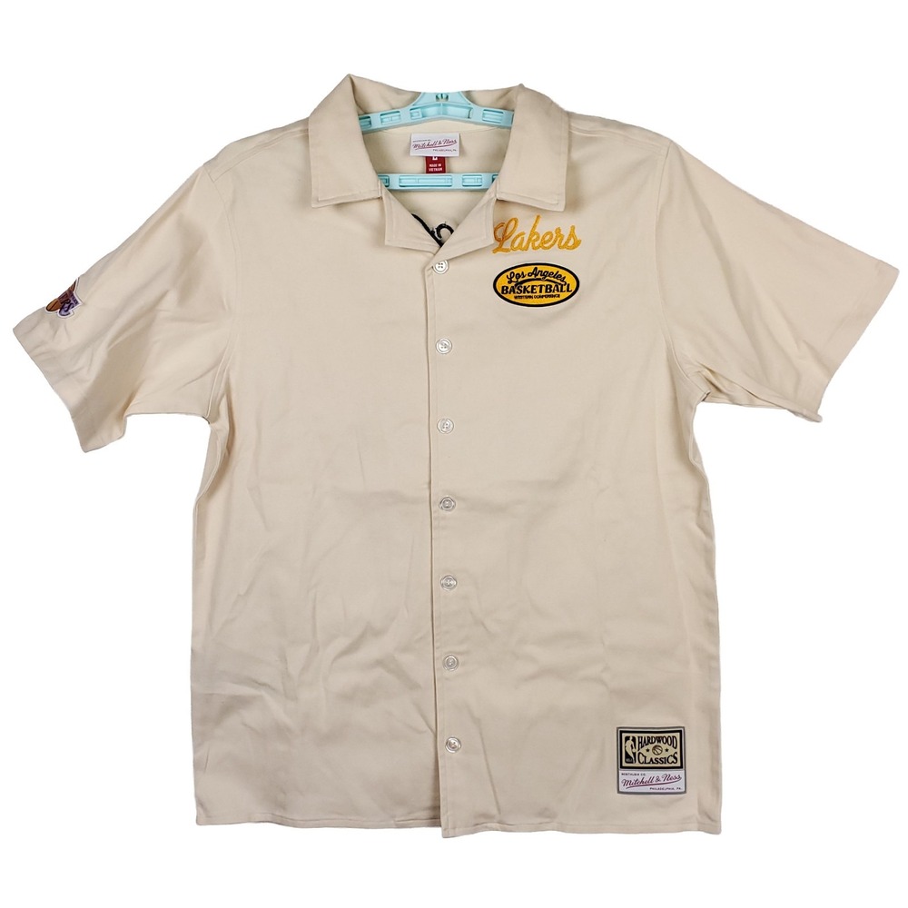 LA Lakers Mitchell & Ness Large Collared Button Up Shirt Embroidery Logos New